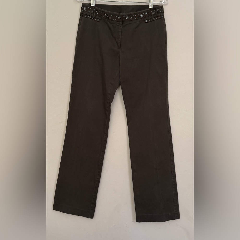 DKNY City Soft Cotton Pants Embellished Waist Detail Dark Forest Green Size 2